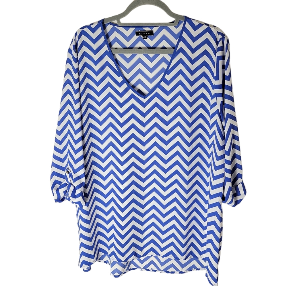 Kiara blue white chevron stripe roll tab sleeve high low top plus size XXL